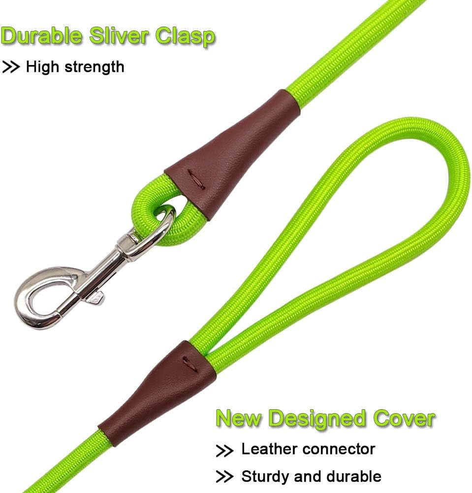 4/6 /8/10 FT Dog Leash, Classic Solid Colors, Strong Nylon Rope Dog Leash Reinforced with Leather Tailor Connection Heavy Duty Silver Clasp (4 Ft*1/2", Green)
