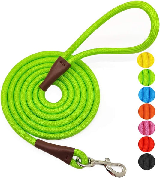 4/6 /8/10 FT Dog Leash, Classic Solid Colors, Strong Nylon Rope Dog Leash Reinforced with Leather Tailor Connection Heavy Duty Silver Clasp (4 Ft*1/2", Green)