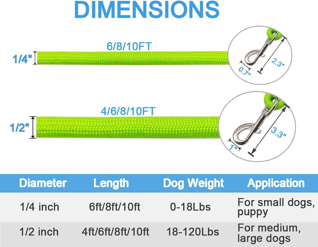 4/6 /8/10 FT Dog Leash, Classic Solid Colors, Strong Nylon Rope Dog Leash Reinforced with Leather Tailor Connection Heavy Duty Silver Clasp (4 Ft*1/2", Green)
